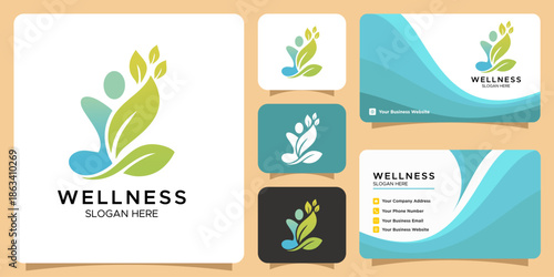 Wellness Healthcare Logo Design, Human Figure and Green Leaf Symbol, Modern Medical and Natural Wellness Icon for Yoga, Spa, and Holistic Health Branding