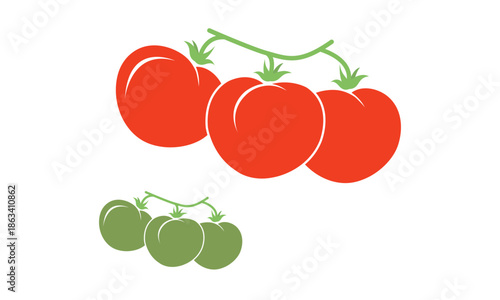 Tomato Silhouette with Red and Green Tomatoes Isolated on White Background – Vintage Style Vector Illustration