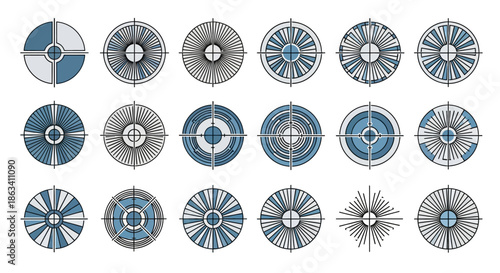 Collection of Various Blue and Black Circular Designs.