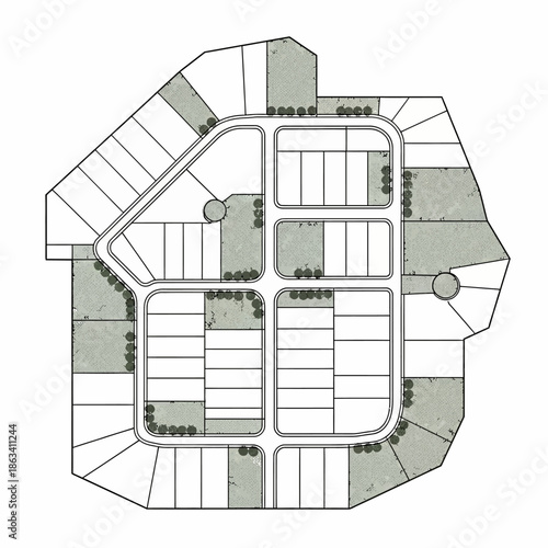 Suburban neighborhood plan with trees and streets.