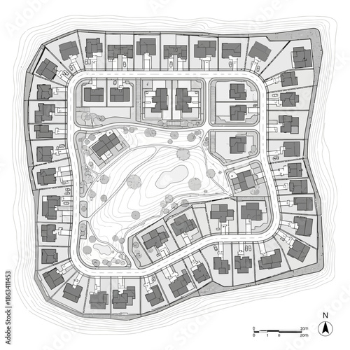 Suburban neighborhood map with lake and park.