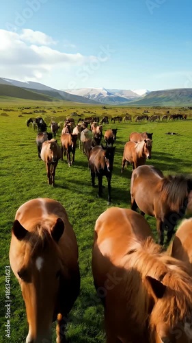 Herd of Horses Grazing Green Meadow Sunny Day Snowy Mountains Background