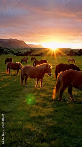 Herd Of Horses Grazing In Green Field At Sunset Golden Hour Light