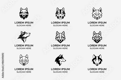 Wolf Head Logo Set with Minimalist Geometric and Abstract Wild Animal Symbols for Masculine Branding