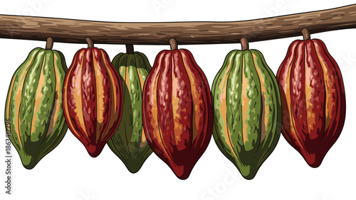 Cacao Pods Illustration: Harvest Ready Cocoa Fruits on Branch, Detailed Artwork