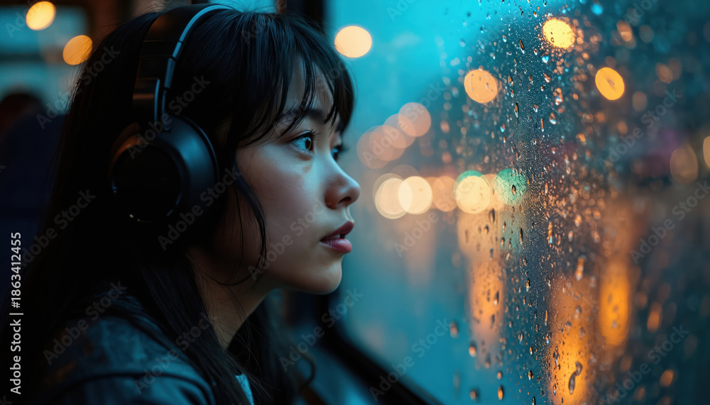 Fototapeta premium Young asian woman with headphones looks out bus window on rainy night. City lights blur through wet glass. She is listening to music while commuting.