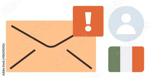 Communication, account alerts, email notifications, user identity, flag icons, data management. An envelope with an alert icon, profile symbol and Ireland flag. Communication and account alerts
