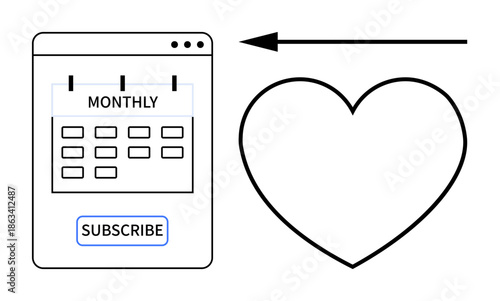 Subscription concept. Monthly subscription with a calendar and heart indicating recurring support and commitment. Subscription plans in marketing, loyalty, e-commerce, donations, design services