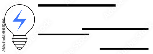 Lightbulb containing blue lightning symbol next to horizontal lines conveys electricity, creativity, and energy flow. Ideal for innovation, technology, sustainability, power, ideas, energy saving