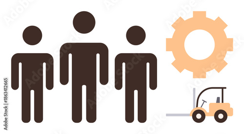 Workforce cooperation, manufacturing, logistics, industrial processes, teamwork, gear machinery. Three people, a gear and a forklift. Workforce cooperation and manufacturing concepts