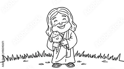 Cartoon Jesus with a Loving Smile Holding a Cute Lamb in a Grassy Field