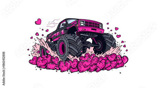 Vibrant Pink Monster Truck Crushing a Pile of Stylized Hearts, Dynamic Illustration on Transparant Background
