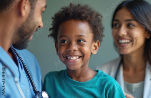 Black male doctor talks to smiling young boy and woman in clinic. Parents feel happy and safe with pediatrician. Child receives good medical care in hospital. Healthcare service for kids.