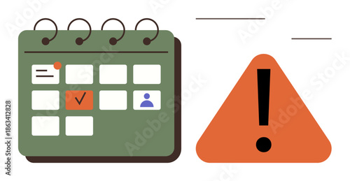 Time management, scheduling updates, task reminders, deadlines, planning events, warnings. A calendar marked dates alongside a triangular warning alert. Time management and scheduling concepts