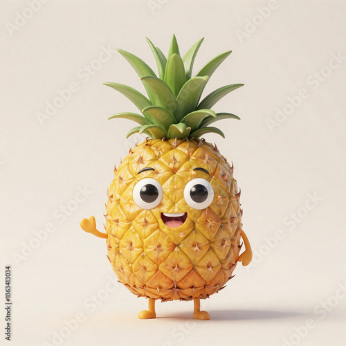 Friendly 3D Cartoon Pineapple Character Waving Hello with a Big Smile, Isolated on a Clean Neutral Background