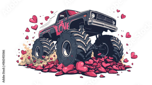 Powerful Monster Truck Adorned with love Crushing Vibrant Pink Hearts on Transparant Background