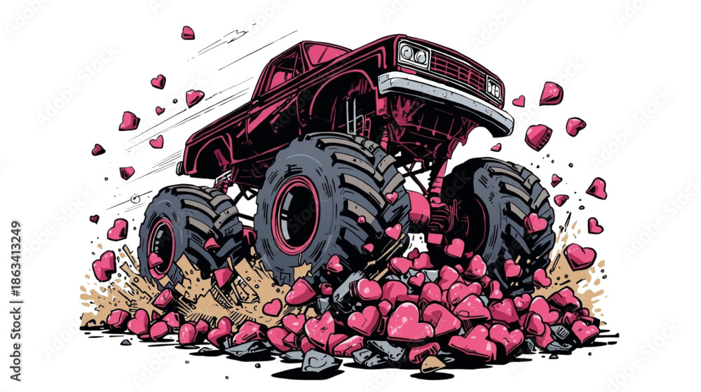 Obraz premium Vibrant Pink Monster Truck Driving over a Pile of Sparkling Hearts Illustration