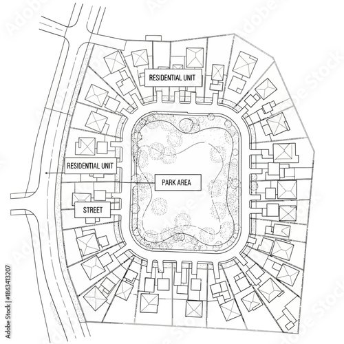 Residential housing development plan with park.