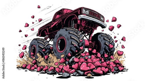 Vibrant Pink Monster Truck Driving over a Pile of Sparkling Hearts Illustration