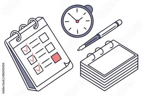 A clean, flat vector illustration shows a checklist calendar with completed tasks, a clock, and a pen, representing effective planning and time management, perfect for productivity and business-relate