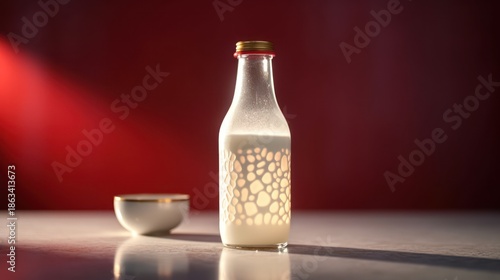 Elegant Milk Bottle and Bowl on a Red Background, Studio Shot.
