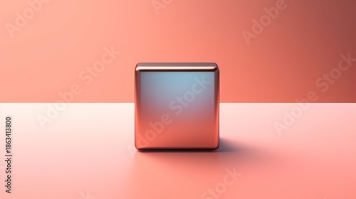 Metallic Cube on Pink Surface - A Minimalist Composition with Gradient Lighting.