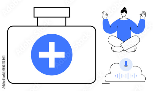 Healthcare, meditation practices, digital solutions, wellness apps, mindfulness, voice technology. A first aid kit, meditating person and voice interface icon. Healthcare and meditation practices