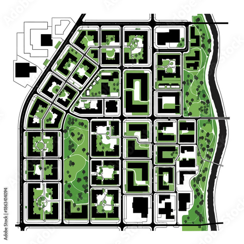 Urban Planning Design City Block Layout with Green Spaces.