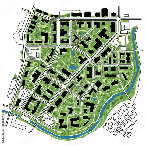 Urban planning map with green spaces and river.