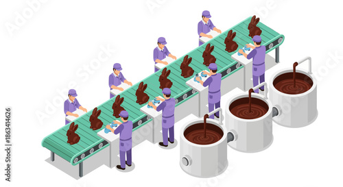 Chocolate bunny production line with workers and liquid chocolate.