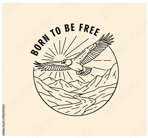 Minimalist Nature Outdoors Illustration of Soaring Bird with Sunburst and Mountains