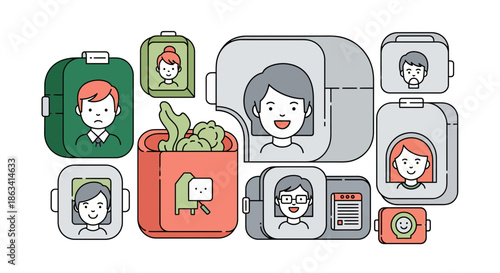 Collection of illustrated lunch boxes featuring diverse people and food items.