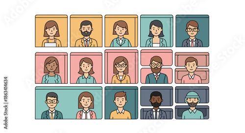 Collection of diverse people portraits in colorful square frames representing community and teamwork.