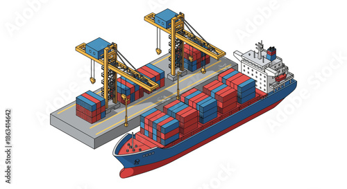 Container ship being loaded with cargo at the port with cranes.