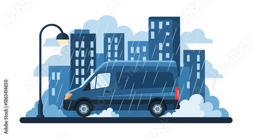 Dark blue van driving in the rain in a city environment during the day.