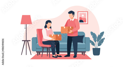 Couple exchanging packages indoors symbolizing delivery and receiving sharing gifts.