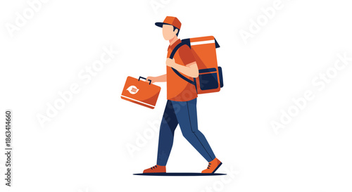Delivery person walking with food bag and box wearing uniform carrying order.