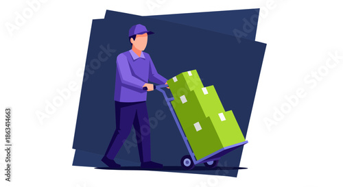 Delivery worker pushing a cart with stacked green boxes shipping goods.