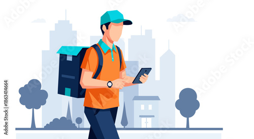 Delivery person with a backpack and phone navigating the city streets for food delivery.
