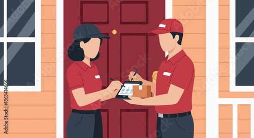 Delivery person hands over package to customer for signature confirmation.