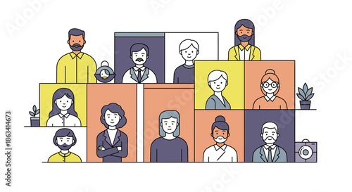 Diverse group of people in a virtual meeting teamwork and collaboration concept.