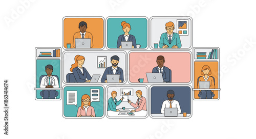 Diverse group of people engaged in online video conference calls.