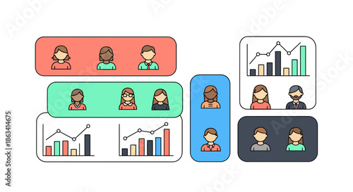 Diverse group of people and charts representing data analysis and business growth.