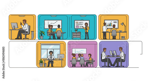 Diverse individuals engaged in various collaborative work environments and activities.