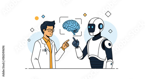 Doctor and robot discussing the human brain and artificial intelligence.