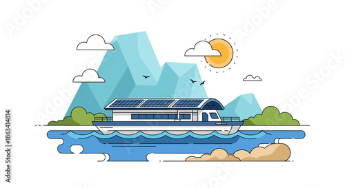 Modern solarpowered houseboat sailing on the water with mountains in the background under the sun.