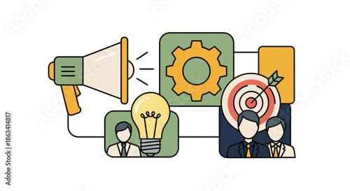 Marketing and business strategy with target and gear icons.
