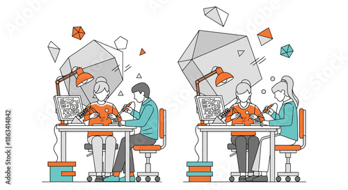 People working together at a desk focused on their tasks and projects.