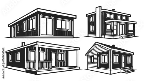 Modern Tiny House Vector Illustrations Silhouette, Black and White Cabins, Four black and white vector illustrations of modern tiny houses with different architectural styles.