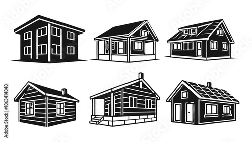Set of Six Wooden Cabin Vector Icons, Black and White House Silhouette, A set of six black and white vector illustrations of various wooden cabins and small houses